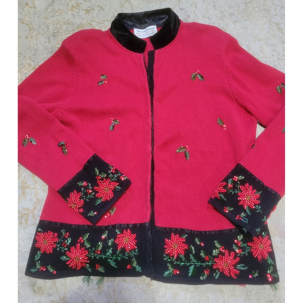 Tiara International 2004 Christmas Red Beaded Poinsettia Velvet Zip Cardigan
